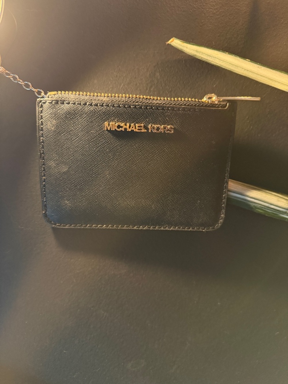 Michael Kors Black Leather Zip Card Pouch with Gold Logo